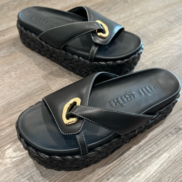 Cult Gaia Blythe Embellished Leather Platform Espadrille Sandal Slides in Black - Picture 2 of 16